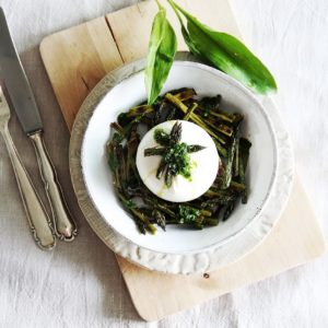 Grilled Asparagus with Burrata & Ramps Oil