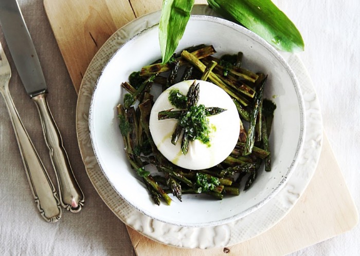 grilled asparagus starter antipasto burrata ramps oil