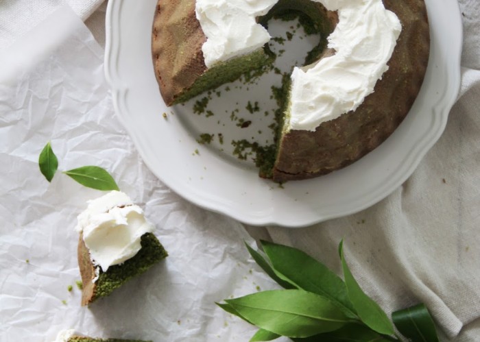 matcha bundt cake slice frosted butter cream coconut milk