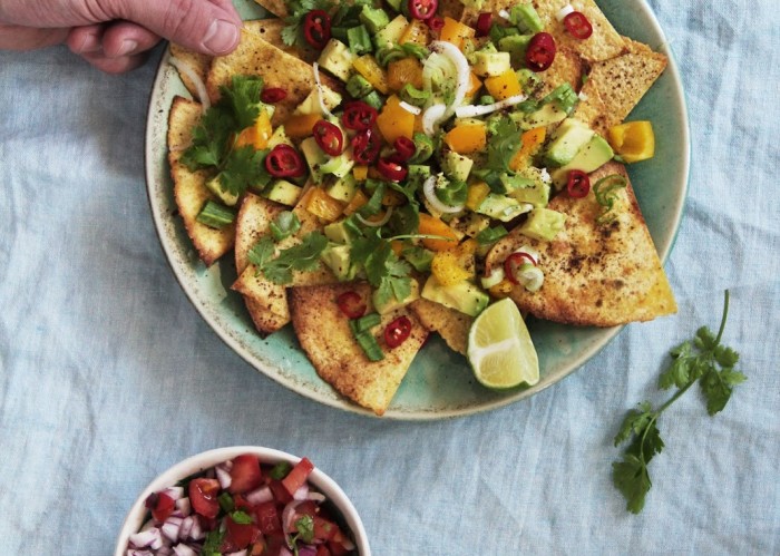 mexican nacho chips plate with pico de gallo